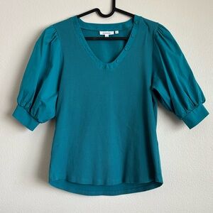 Chico's Women’s Teal Rib Knit Puff Sleeve Cotton V-Neck Top Size 1 Medium